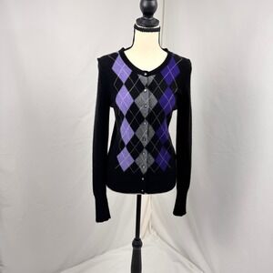 Apt 9 Cardigan Sweater Womens Small Black Purple Argyle 100% Cashmere Super Soft